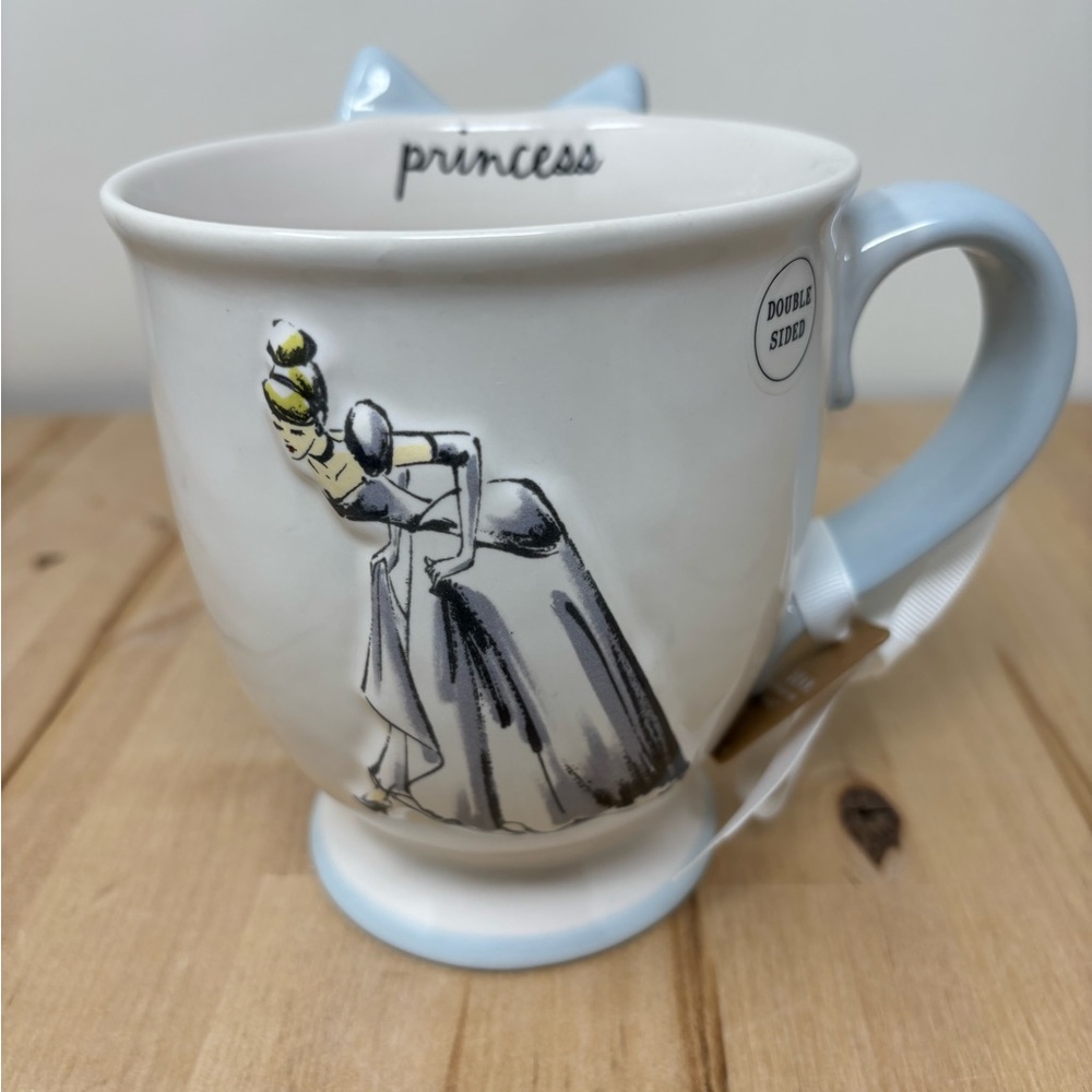 Rae Dunn Disney Princess Cinderella Mug Double Sided Blue Handle & Bow Trim New